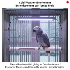 Interior setup of an African Grey cage with a thermal perch and full-spectrum lighting for Canadian indoor environments.