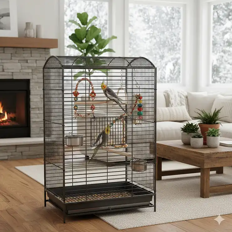 Large bird cage for cockatiels in a cozy Canadian home setting with natural light and a safe play area. cockatiel cages Canada