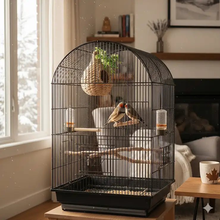 A spacious professional finch cage for breeding pairs in a cozy Canadian home setting with natural light.