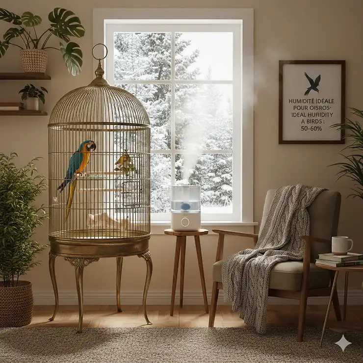 A warm bird room in a Canadian home featuring a parrot cage next to a top-fill ultrasonic humidifier during winter.