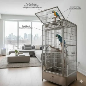 Illustration of a play-top macaw cage design with perches and food bowls, ideal for social interaction in a family home.