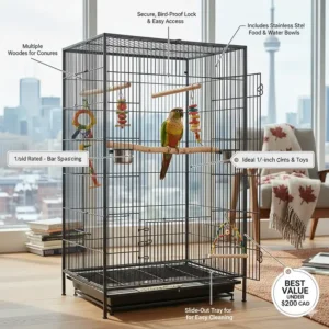 A visual breakdown of what $200 CAD buys in a conure cage, focusing on durability and bar spacing.