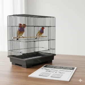 Illustration of a finch cage for breeding pairs with a "Cage pour oiseaux" bilingual assembly manual.