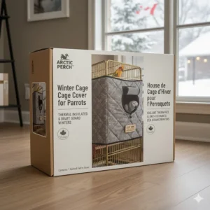 Product packaging for a winter cage cover for parrots featuring English and French text for Canadian bird owners.