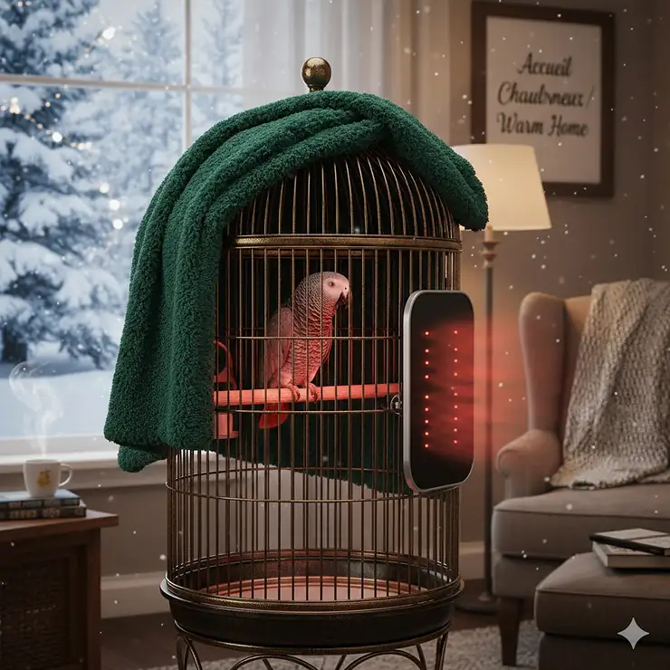 A cozy indoor setting in Canada featuring bird cage heaters installed for a parrot, with a snowy window view in the background.
