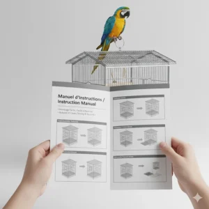Illustration of an assembly guide for play top bird cages featuring English and French text.