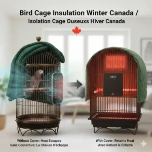 Graphic showing how bird cage heaters work alongside cage covers to retain heat in cold Canadian climates.