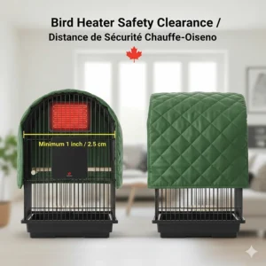 A safety diagram showing the proper distance between bird cage heaters and fabric cage covers.
