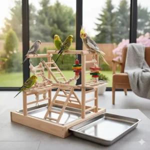 Easy-to-clean bird play gyms featuring removable stainless steel trays and ladders.