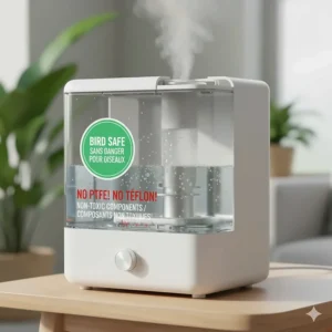 Illustration of a bird-safe humidifier interior showing PTFE-free and Teflon-free heating components for avian safety.