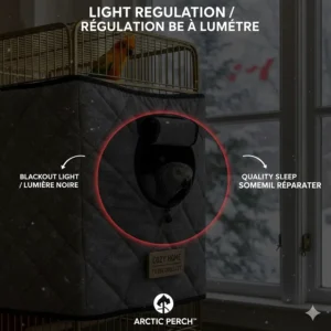 A blackout-style winter cage cover for parrots helping birds maintain a consistent sleep schedule during long Canadian winter nights.