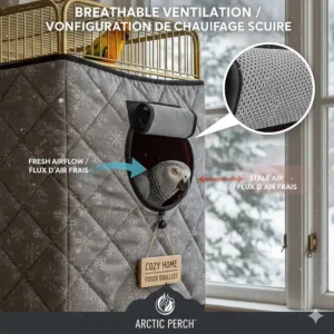 Detailed view of the ventilation flaps on a winter cage cover for parrots to ensure fresh airflow while retaining warmth.