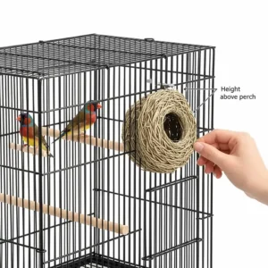 Technical drawing of proper nest box attachment on a finch cage for breeding pairs to ensure successful nesting.