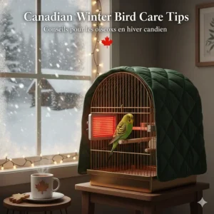 Illustration of a parakeet staying warm near a bird cage heater during a Canadian winter storm.
