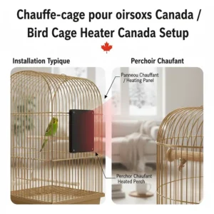 A visual guide showing a standard bird cage heater setup in a Canadian home environment.