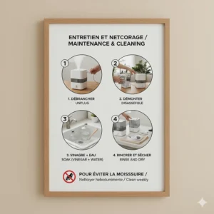 Illustration showing the weekly cleaning process of a humidifier to ensure clean air for sensitive avian respiratory systems.