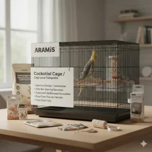 Illustration of bird cage accessories with English and French (Cage pour cockatiel) labeling for the Canadian market.