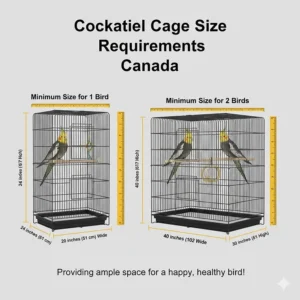Illustration showing minimum cage dimensions for cockatiels available in Canada for single or pair housing.
