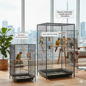 Illustration showing the ideal dimensions for conure cages under $200 compared to standard Canadian interior spaces.