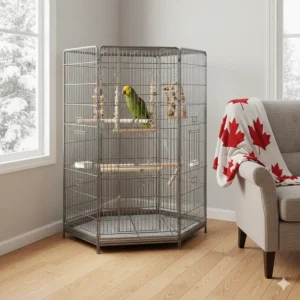 A space-saving corner cage design recommendation for large Amazon parrots in a cozy Canadian apartment.