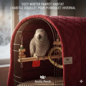 A happy African Grey parrot sitting on a perch inside a cage protected by a heavy winter cage cover, looking warm and secure.