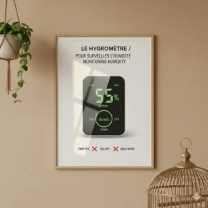 A digital hygrometer display showing 55% humidity, a crucial tool for Canadians using humidifiers for bird rooms.
