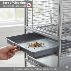 Detailed view of a removable debris tray on a professional-grade African Grey parrot cage.
