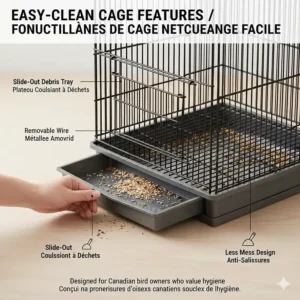 Illustration of a bird cage with a slide-out tray for easy cleaning, popular with Canadian bird owners.