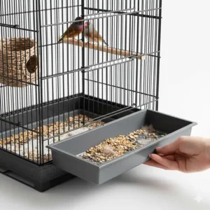 Close-up illustration of a slide-out debris tray on a finch breeding cage for hygienic avian care.