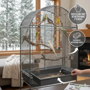 A diagram of a flight cage with a pull-out tray for easy maintenance in multi-bird households.