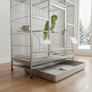 Illustration of a large parrot cage with a slide-out tray and seed guards to keep Canadian hardwood floors clean.