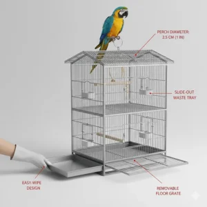 Illustration of a slide-out tray on a play top bird cage, emphasizing easy maintenance for pet owners.