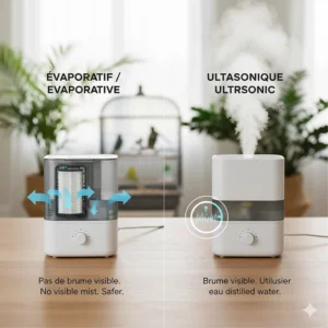 Comparison of evaporative wicking and ultrasonic mist humidifiers for bird rooms to prevent respiratory issues.