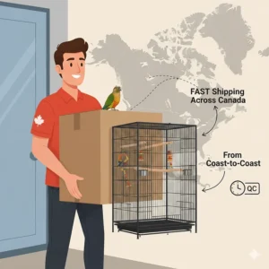 Illustration of a bird cage being delivered, emphasizing fast shipping across Canada from BC to Quebec.