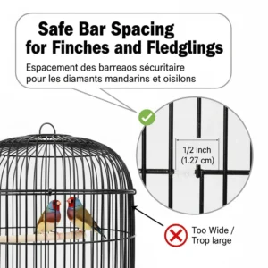 Infographic highlighting safe 1/2-inch bar spacing on a finch cage for breeding pairs and fledglings.