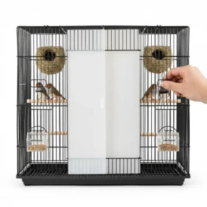 Illustration showing a finch cage for breeding pairs with a removable central divider for bird socialization.
