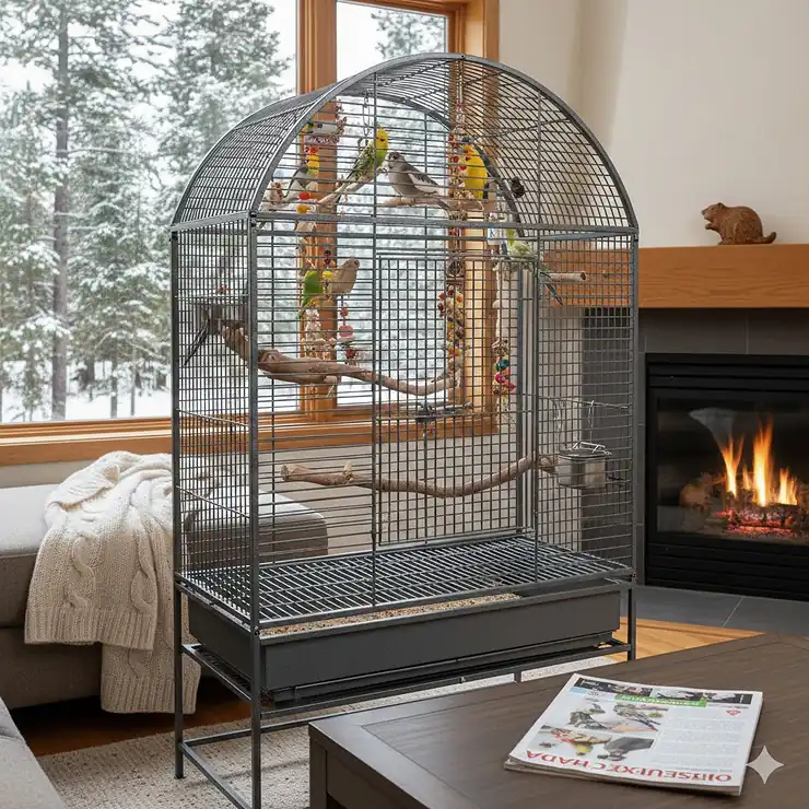 A large, premium flight cage for multiple birds in a modern Canadian living room, featuring a spacious design for budgies and finches.