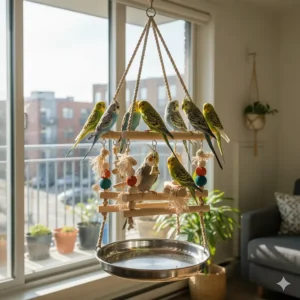 Space-saving hanging bird play gyms designed for small Canadian homes and apartments.