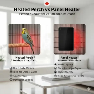 Comparison chart of heated bird perches versus side-mounted bird cage heaters for Canadian budgie owners.