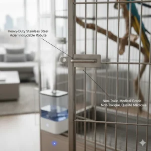 Close-up illustration of non-toxic, medical-grade stainless steel bars on a high-end macaw cage available in Canada.