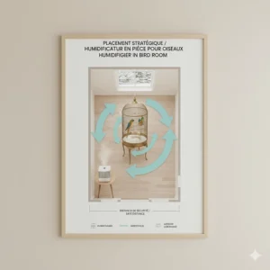 Floor plan illustration of a Canadian bird room showing the safe distance between a humidifier and a bird cage.