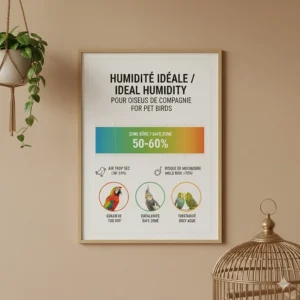 Ideal humidity levels (humidité idéale) chart for Canadian bird owners featuring Macaws, Cockatiels, and Budgies.