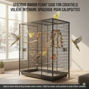 Spacious indoor flight cage for cockatiels, ideal for active birds during Canadian winter months.