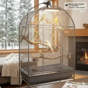 Illustration of an indoor flight cage setup with UV lighting, ideal for Canadian winters when natural sunlight is low.
