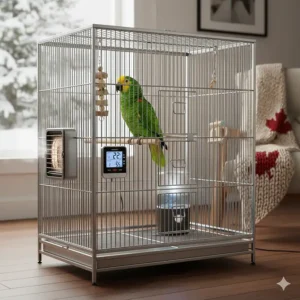 An illustration of a large parrot cage setup with added humidity monitors and heaters, ideal for dry Canadian winters.