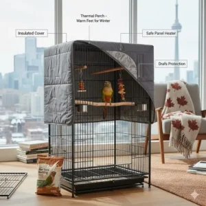 Illustration of a conure cage setup with thermal perches, perfect for keeping pets warm during Canadian winters.