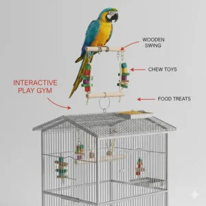 Close-up illustration of the rooftop play area on a bird cage with toys and a wooden swing.