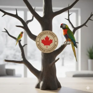 Natural Java tree bird stand with a "Canadian Owned / Entreprise Canadienne" badge and maple leaf icon.