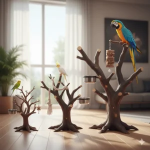 Illustration of different sizes of natural Java tree bird stands suitable for birds ranging from budgies to large macaws.