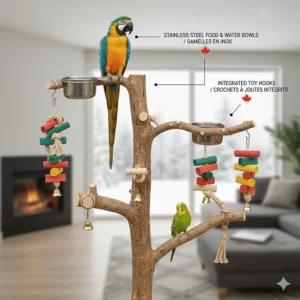 Natural Java tree bird stand featuring integrated stainless steel feeding bowls and hooks for bird toys.